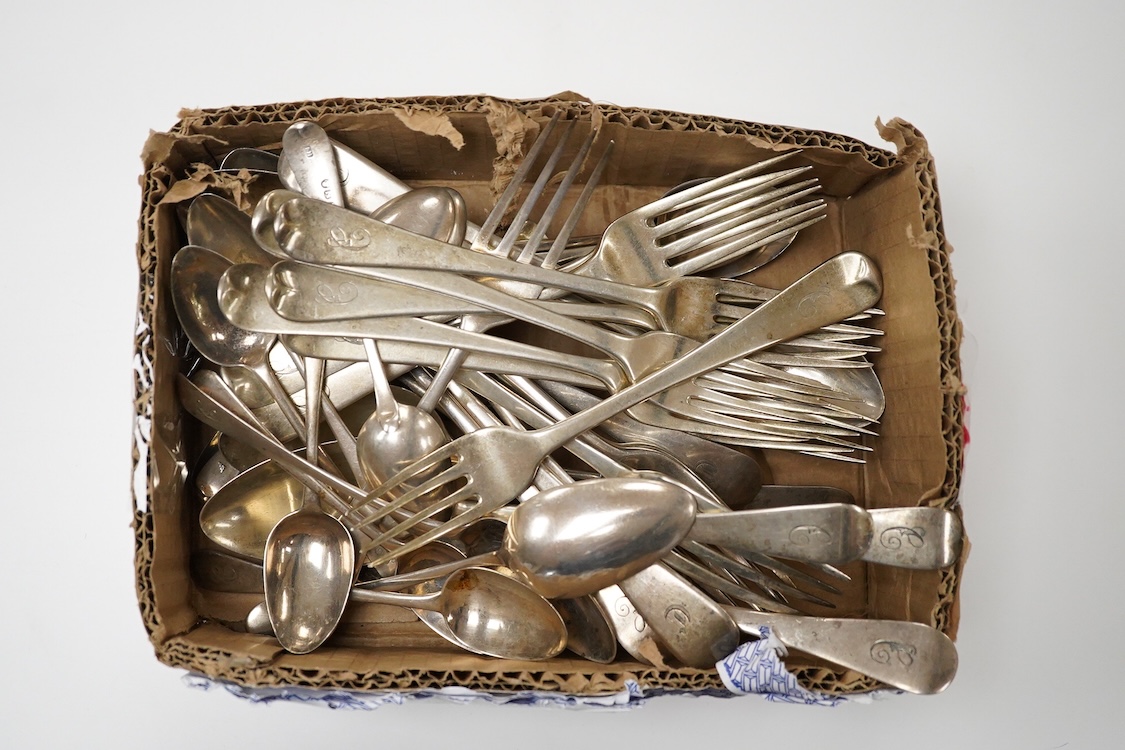 A matched part canteen of 19th century silver Old English and Hanoverian pattern flatware, various dates and makers, 55oz.